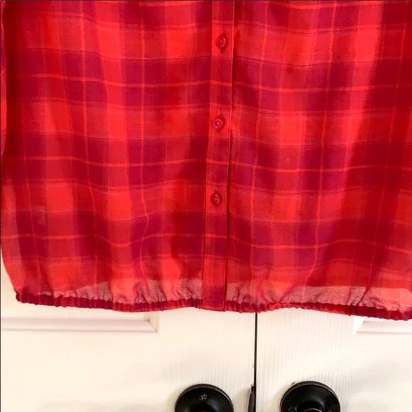LOFT Blouse Top V-Neck Sheer Purple Orange Plaid Blouse Top Size Small - Picture 6 of 10